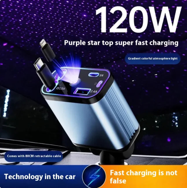 Starry Sky Flexible Wire Car Charger, 120W Fast Charging (Type-C & Apple Compatible)