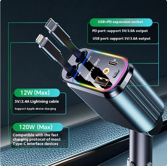 Starry Sky Flexible Wire Car Charger, 120W Fast Charging (Type-C & Apple Compatible)