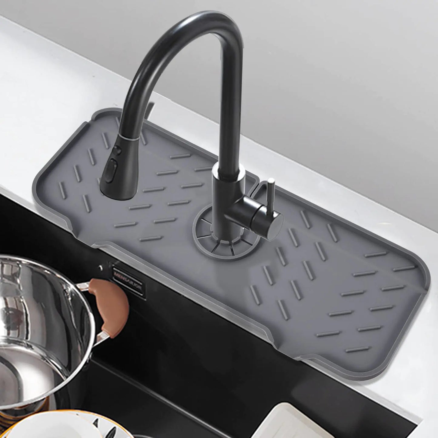 2PCSKitchen Sink Splash Guard15.4"*5.5" Upgraded Faucet Splash Guard with Steep-Slope Drainage and Anti-Slip Silicone Mat For Kitchen Bathroom Farmhouse Faucet Handle Drip Catcher Tray