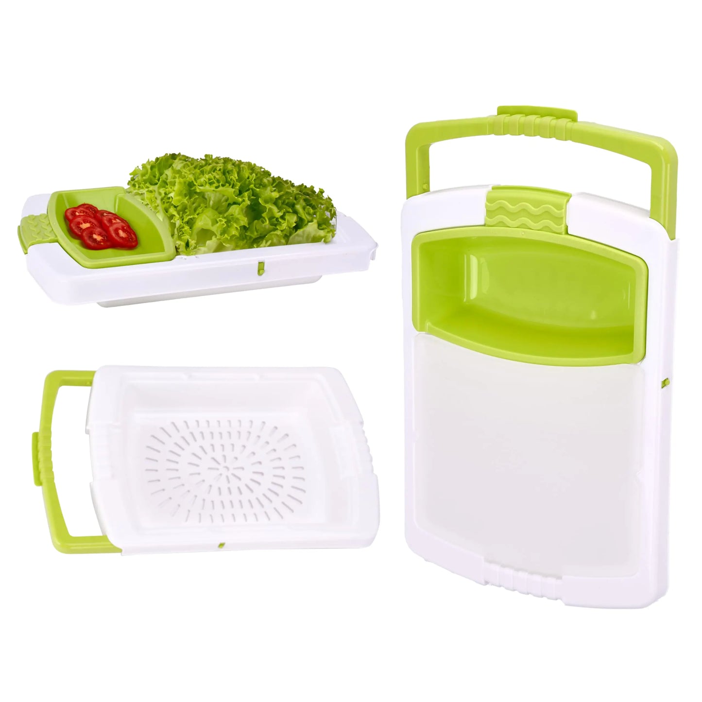 Vdomus Cutting Board with Colander and Basket Accessories - 3.4"Hx16"Lx18.9"W - Essential Cooking Gear for Home and Camping - Multifunctional Kitchen Tool with Strainer - Green