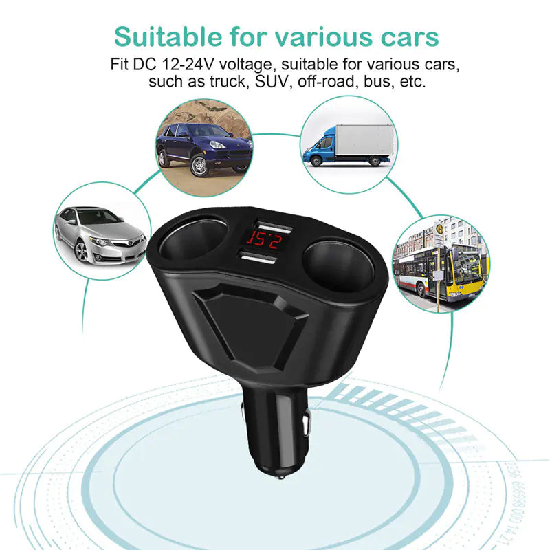 Car Charger with 4 USB Fast Charging Ports and Display